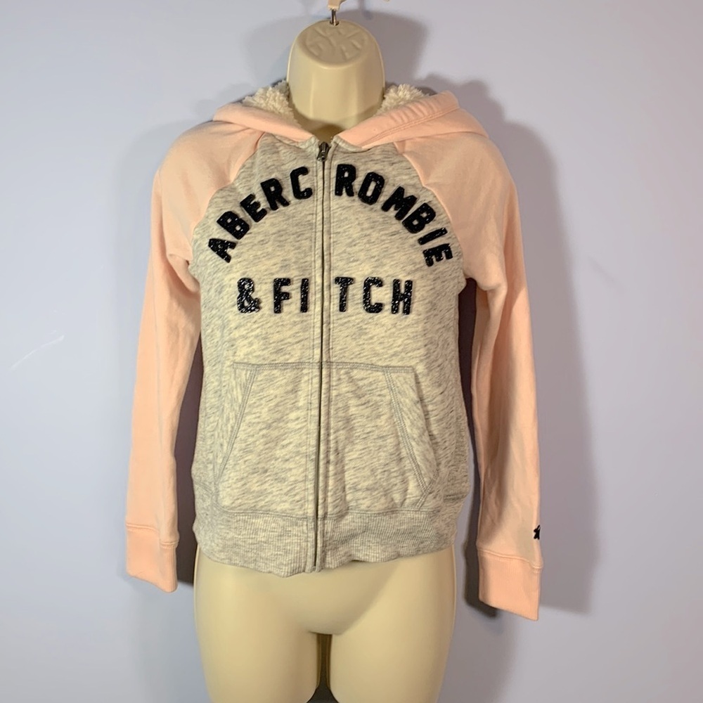 Abercrombie and Fitch kids size 9/10 pink and gray marled logo zip hoodie